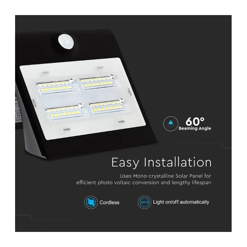 Applique LED Solare con sensore LED/3W/3,7V 3000/4000K IP65 nero