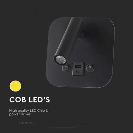 Applique murale orientable LED avec port USB LED/8W/230V 3000K noire