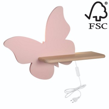 Applique murale pour enfant avec étagère BUTTERFLY LED/5W/230V rose/bois - certifié FSC