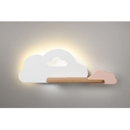 Applique murale pour enfant avec étagère CLOUD LED/5W/230V Blanche/Rose - certifié FSC