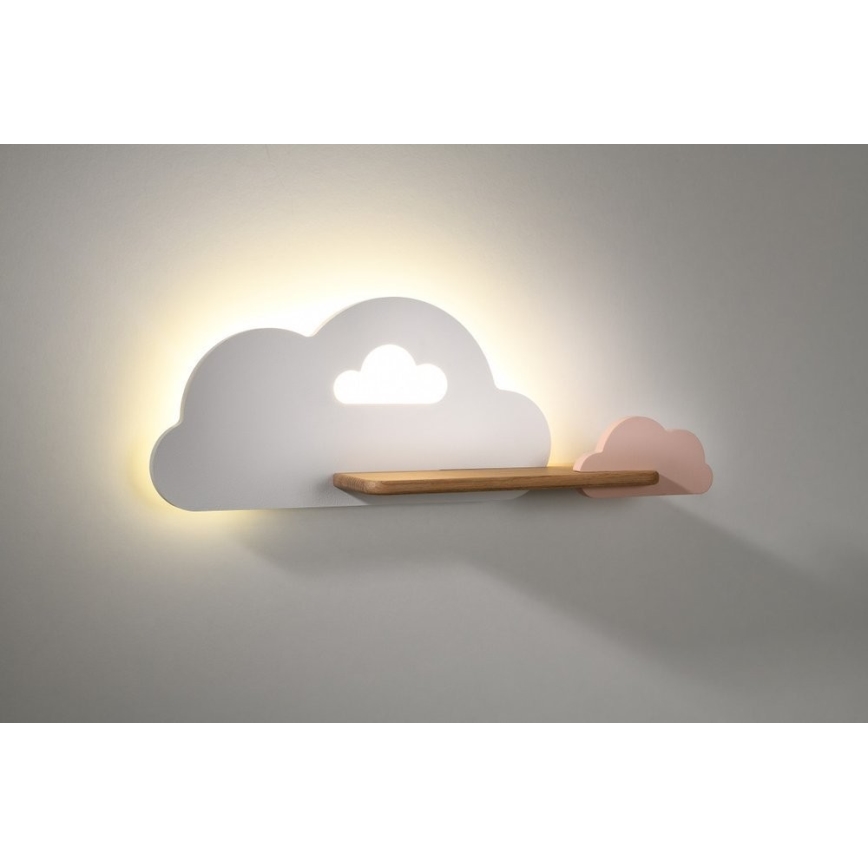 Applique murale pour enfant avec étagère CLOUD LED/5W/230V Blanche/Rose - certifié FSC