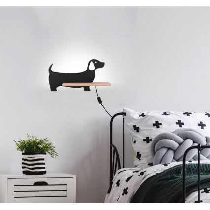 Applique murale pour enfants avec une étagère DOG LED/5W/230V noir/bois - certifié FSC