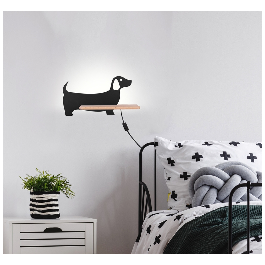 Applique murale pour enfants avec une étagère DOG LED/5W/230V noir/bois - certifié FSC