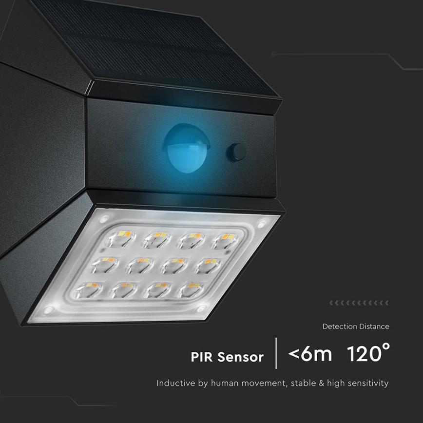 Applique solaire murale à LED avec détecteur LED/2,5W/3,7V 3000/4000/6000K IP65 1200 mAh noire