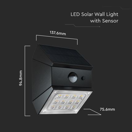 Applique solaire murale à LED avec détecteur LED/2,5W/3,7V 3000/4000/6000K IP65 1200 mAh noire