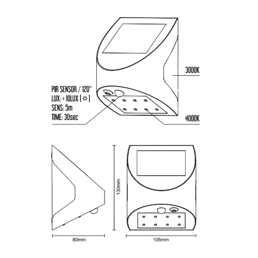 Applique murale solaire LED avec détecteur LED/3W/3,7V 3000/4000K 1200 mAh IP54 blanche