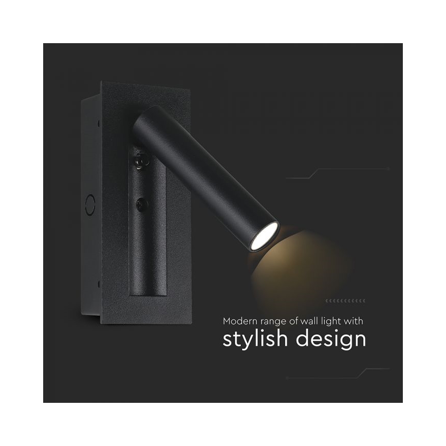 Applique murale spot LED 2 W, 230 V, 3000 K, noir