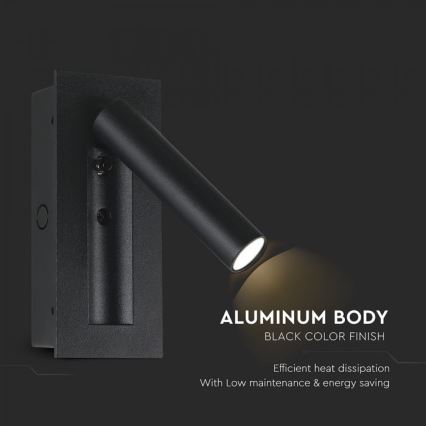 Applique murale spot LED 2 W, 230 V, 3000 K, noir