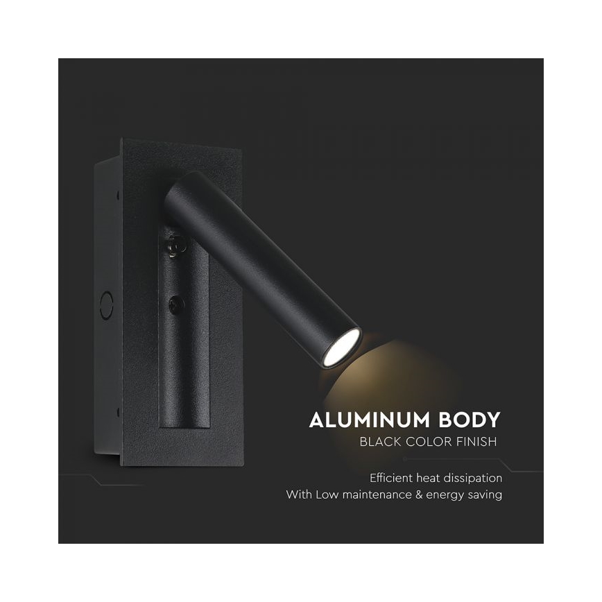 Applique murale spot LED 2 W, 230 V, 3000 K, noir