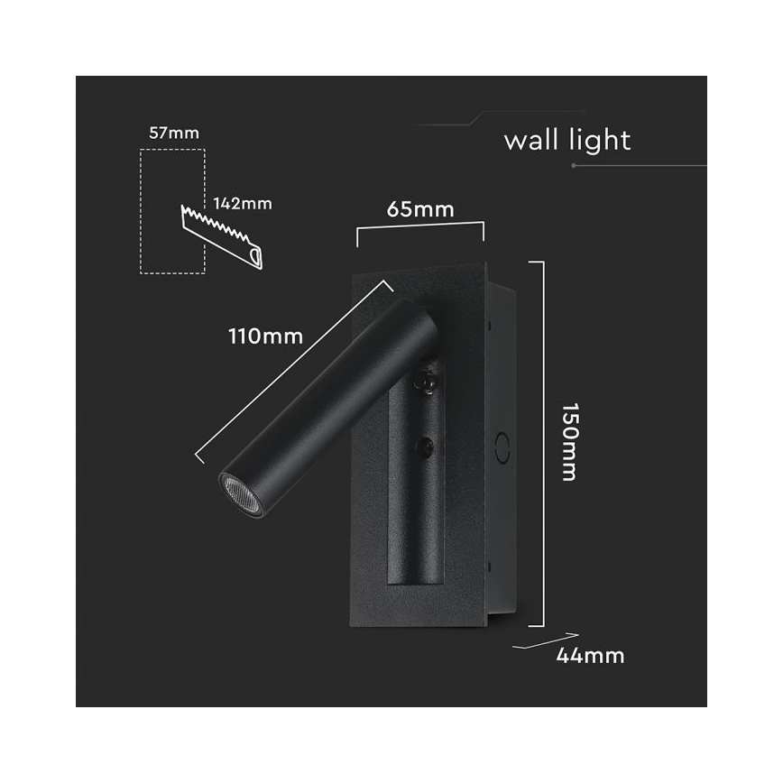 Applique murale spot LED 2 W, 230 V, 3000 K, noir