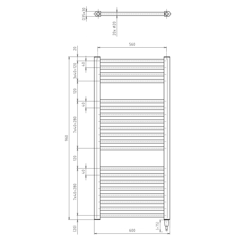 Aqualine - Radiatore elettrico da bagno IRECT-E 400W/230V 96 cm opaco nero dritto