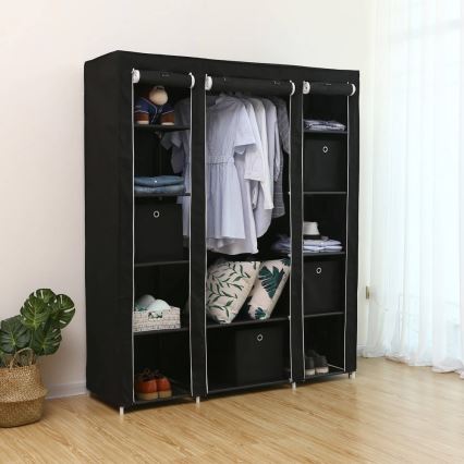 Armadio in tessuto con ripiani e barra appendiabiti MATIS 150x175 cm nero