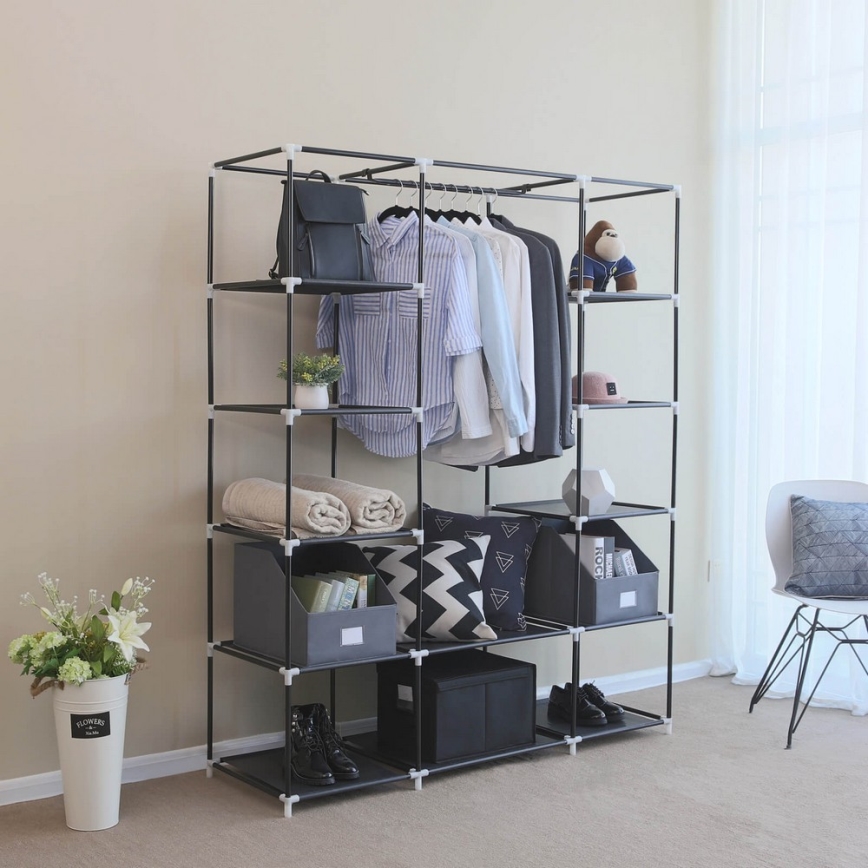 Armadio in tessuto con ripiani e barra appendiabiti MATIS 150x175 cm nero