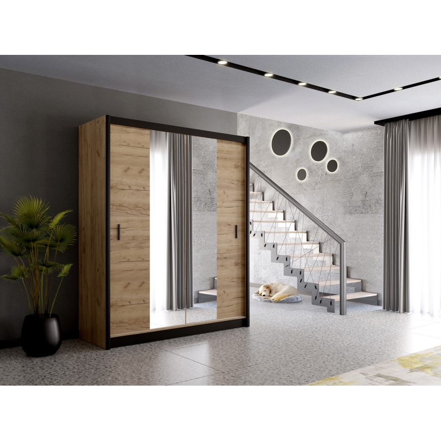 Armadio con specchio MIRO 203x215 cm rovere craft/nero