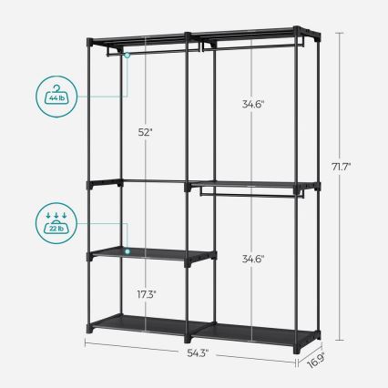 Armoire de rangement MATIS 138x182 cm avec étagères et tringle à vêtements, noire