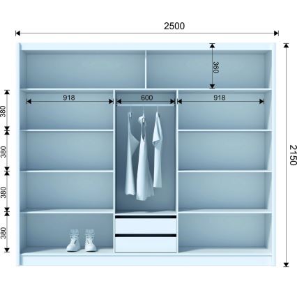 Armoire SANTINO 250x215 cm avec miroir, blanc/chêne craft