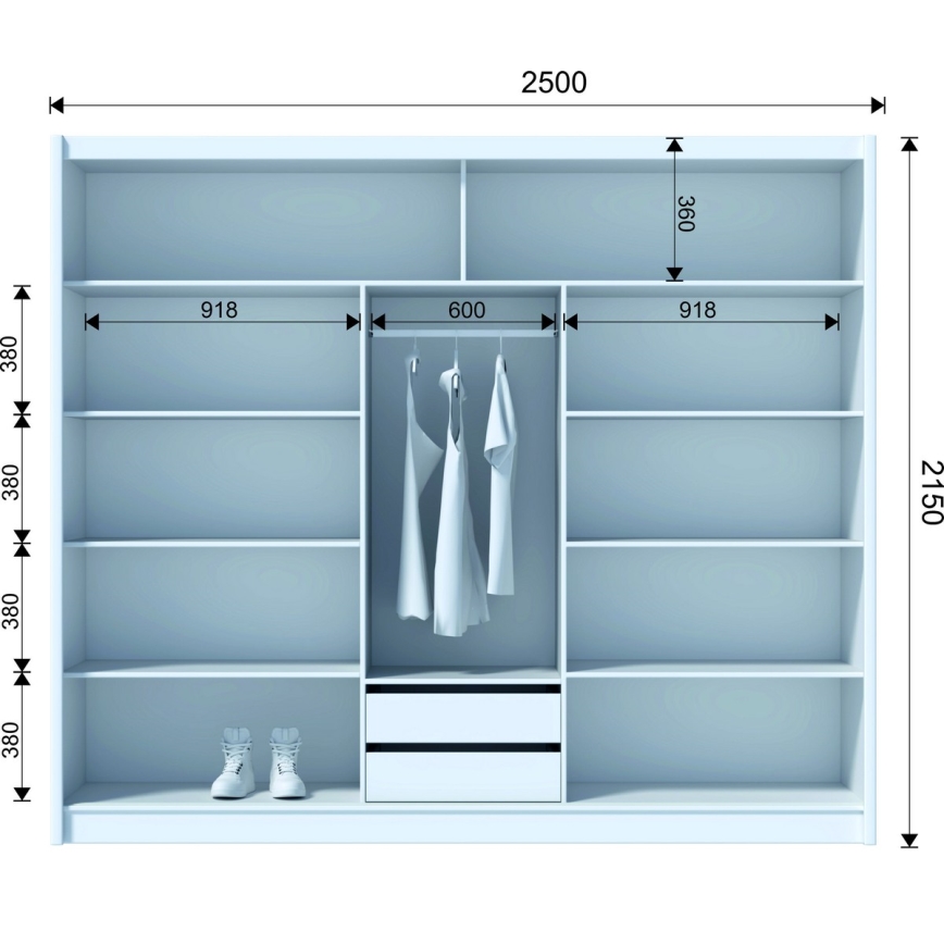 Armoire SANTINO 250x215 cm avec miroir, blanc/chêne craft