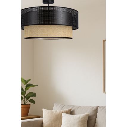 Aufgesetzte Deckenleuchte BORHO, 1x E27 (max. 60 W), 230 V, Ø 50 cm, schwarz/jute