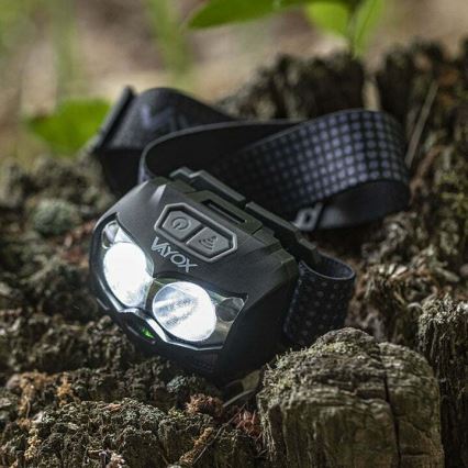 Dimmbare, aufladbare LED-Stirnlampe mit Sensor und rotem Licht 2xLED/5W/5V/3xAAA IP65 500 glänzend 1200 mAh