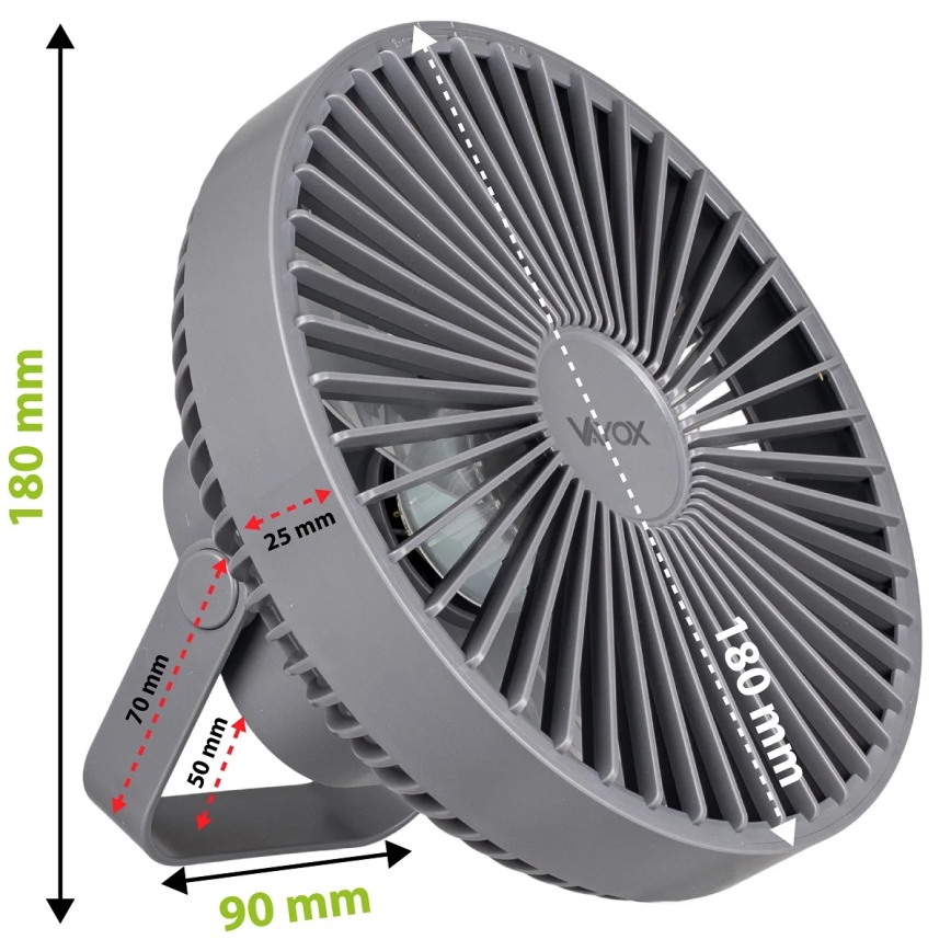 Aufladbarer LED-Tischventilator mit LED-Beleuchtung LED/2W/5V USB 2400 mAh grau