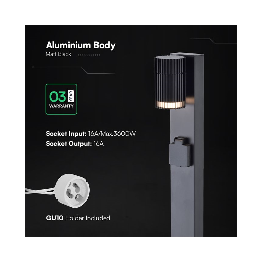 Außenleuchte mit SCHUKO-Steckdose 1xGU10/10W/230V IP44 80 cm schwarz
