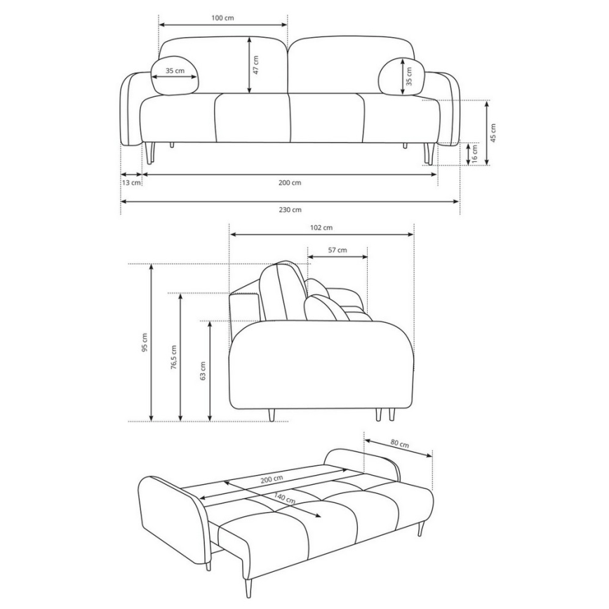 Ausziehbares, gepolstertes Dreisitzer-Sofa CLOUDY, grau