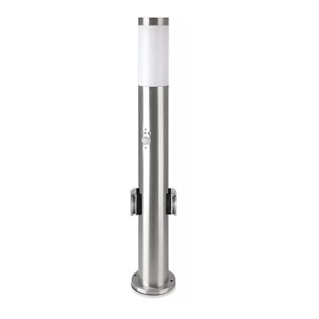 Auβenleuchte mit Sensor + 2 Steckdosen SCHUKO 1xE27/60W/230V IP44 60cm matt Chrom