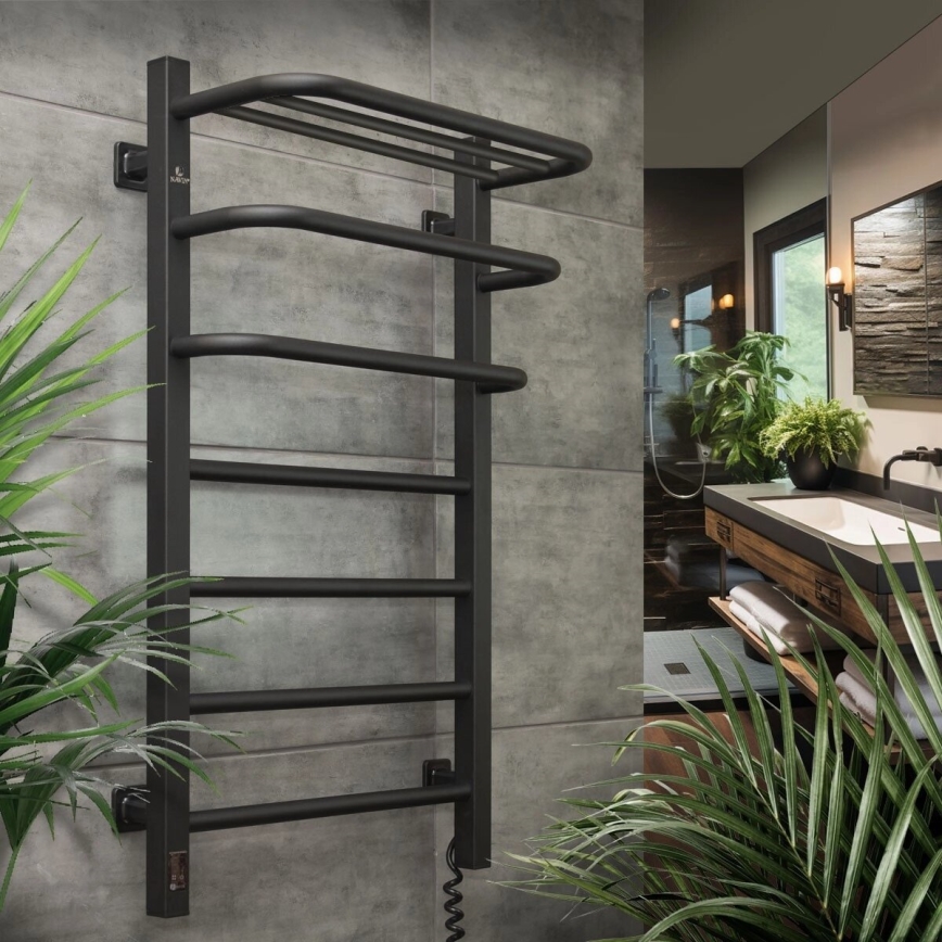 Badezimmer-Elektro-Heizkörper mit Thermostat FORTIS 350W/230V 80,6 cm IP44 schwarz rechts eckig
