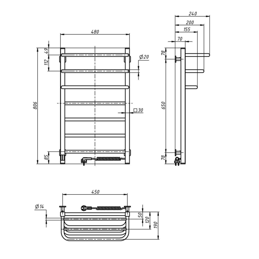 Badezimmer-Elektro-Heizkörper mit Thermostat FORTIS 350W/230V 80,6 cm IP44 schwarz rechts eckig