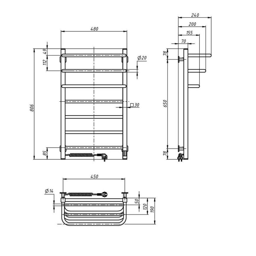 Badezimmer-Elektro-Heizkörper mit Thermostat FORTIS 350W/230V 80,6 cm IP44 weiß links eckig