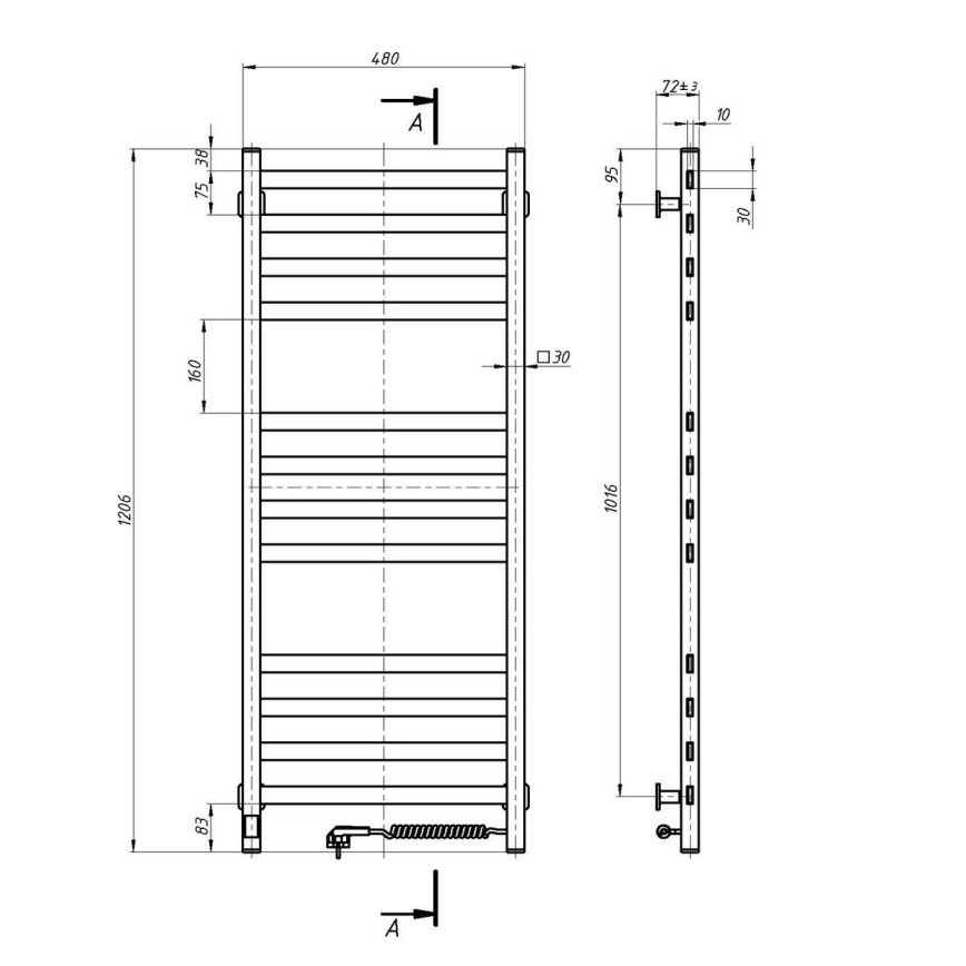 Badezimmer-Handtuchheizkörper AVANGARD mit Thermostat, 459 W/230 V, 120,6 cm, IP44, weiß, rechts, eckig