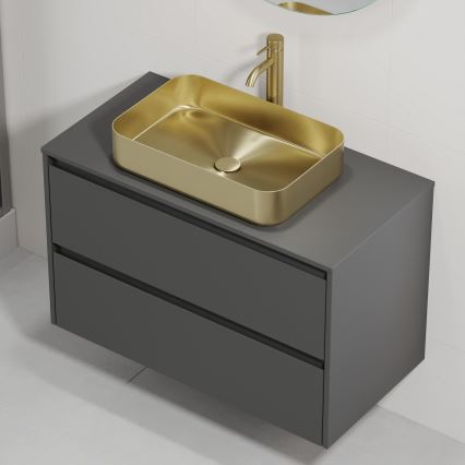 Badezimmerschrank mit Waschbecken TRONDHEIM/LJORDAL 90x57x46 cm Anthrazit/Messing