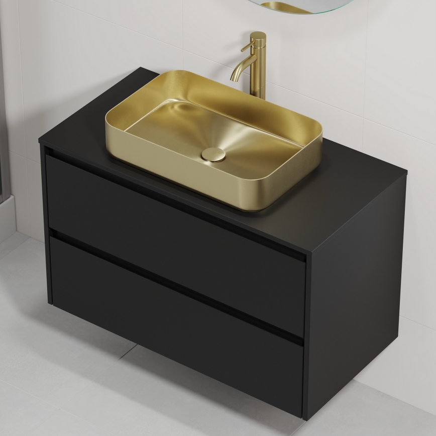 Badezimmerschrank mit Waschbecken TRONDHEIM/LJORDAL 90x57x46 cm schwarz/messing