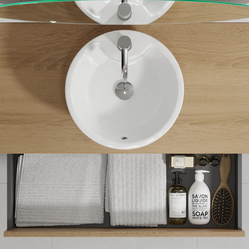 Badezimmerschrank mit Waschbecken TRONDHEIM/VIKEDAL, 60 × 57 × 46 cm, Eiche/Weiß