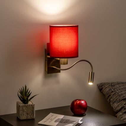 Brilagi - LED Lampada flessibile da muro NUBILA 1xE27/25W/230V+LED/3W ottone/Pompeiana rosso