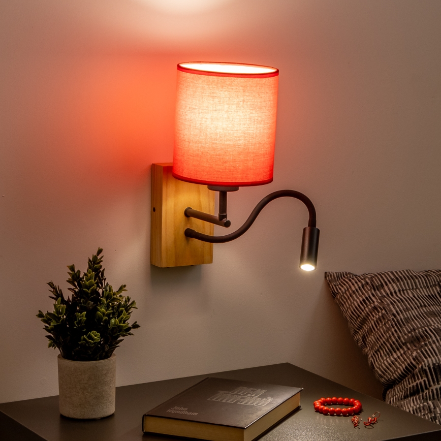 Brilagi - LED Lampada flessibile da muro NUBILA WOOD 1xE27/25W/230V + LED/3W quercia/rosso