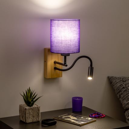 Brilagi - LED Lampada flessibile da muro NUBILA WOOD 1xE27/25W/230V + LED/3W quercia/viola