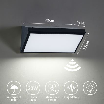 Brilagi - Applique murale d'extérieur LED avec détecteur TRIANGLE LED/20W/230V noir IP65