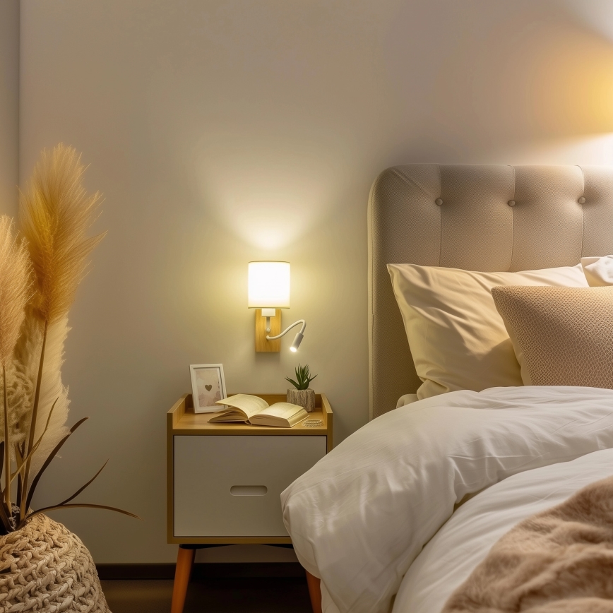 Brilagi - Applique murale flexible NUBILA WOOD 1xE27/25W/230V + LED/3W chêne/blanc/crème