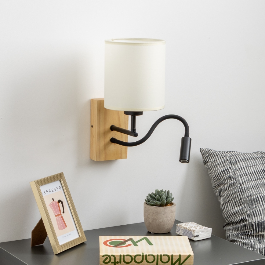 Brilagi - Applique murale flexible NUBILA WOOD 1xE27/25W/230V + LED/3W chêne/noir/crème