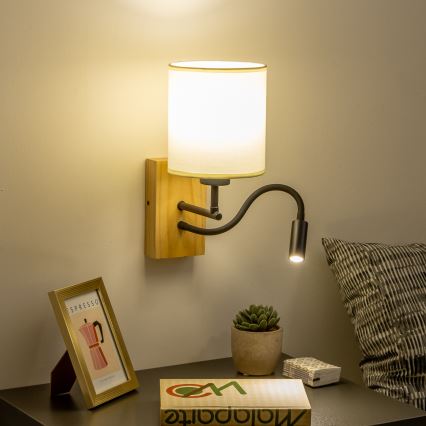 Brilagi - Applique murale flexible NUBILA WOOD 1xE27/25W/230V + LED/3W chêne/noir/crème