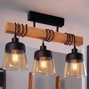 Brilagi - Aufgesetzte Deckenleuchte WOOD GLASS 3xE27/60W/230V Kiefer/Schwarz/Rauchbraun