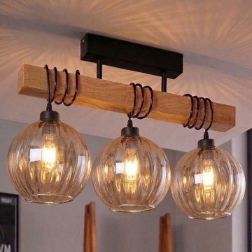 Brilagi - Aufgesetzte Deckenleuchte WOOD GLASS 3xE27/60W/230V Kiefer/Schwarz/Rauchbraun