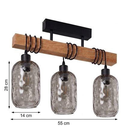 Brilagi - Aufgesetzte Deckenleuchte WOOD GLASS 3xE27/60W/230V Kiefer/Schwarz/rauchgrau