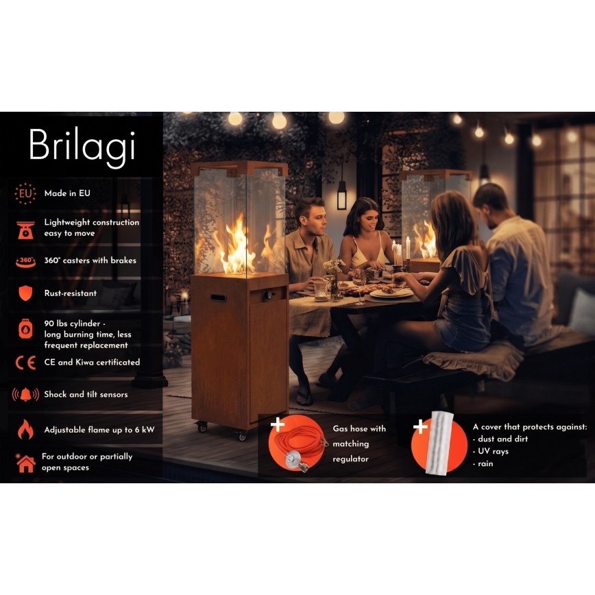 BRILAGI - Außen-Gaskamin FLARO GAS 142x36 cm 8kW 1xAAA rostbraun/braun + Schutzabdeckung