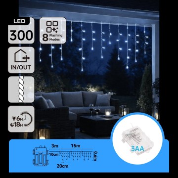 BRILAGI - Catena luminosa natalizia LED da esterno 300 LED/3xAA/8 funzioni 18x0,6m IP44 bianco freddo