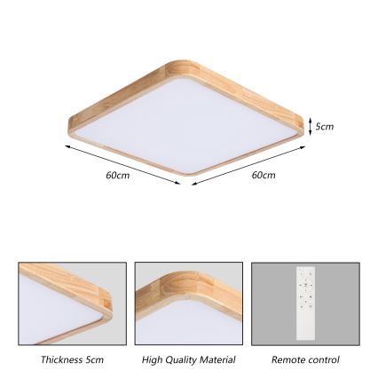 Brilagi - dimmbare LED-Deckenleuchte WOODLINE SQUARE LED/80W/230V 3000-6000K Eiche 60x60 cm + Fernbedienung