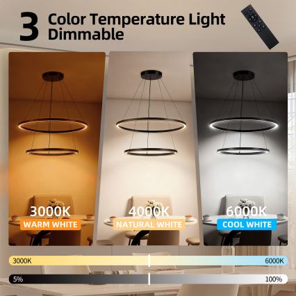 Brilagi - dimmbare LED-Hängeleuchte am Kabel PORTOFINO LED/98W/230V 3000-6000K Ø 80 cm schwarz + Fernbedienung