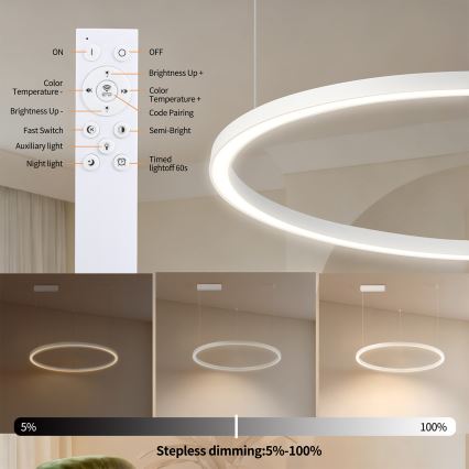 Brilagi - PORTOFINO LED-dimmbare Hängeleuchte an Kabel, LED/60W/230V, 3000–6000K, Ø 80 cm, weiß + Fernbedienung