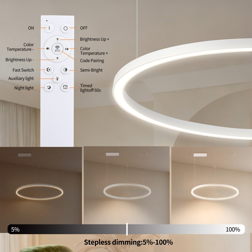 Brilagi - PORTOFINO LED-dimmbare Hängeleuchte an Kabel, LED/60W/230V, 3000–6000K, Ø 80 cm, weiß + Fernbedienung